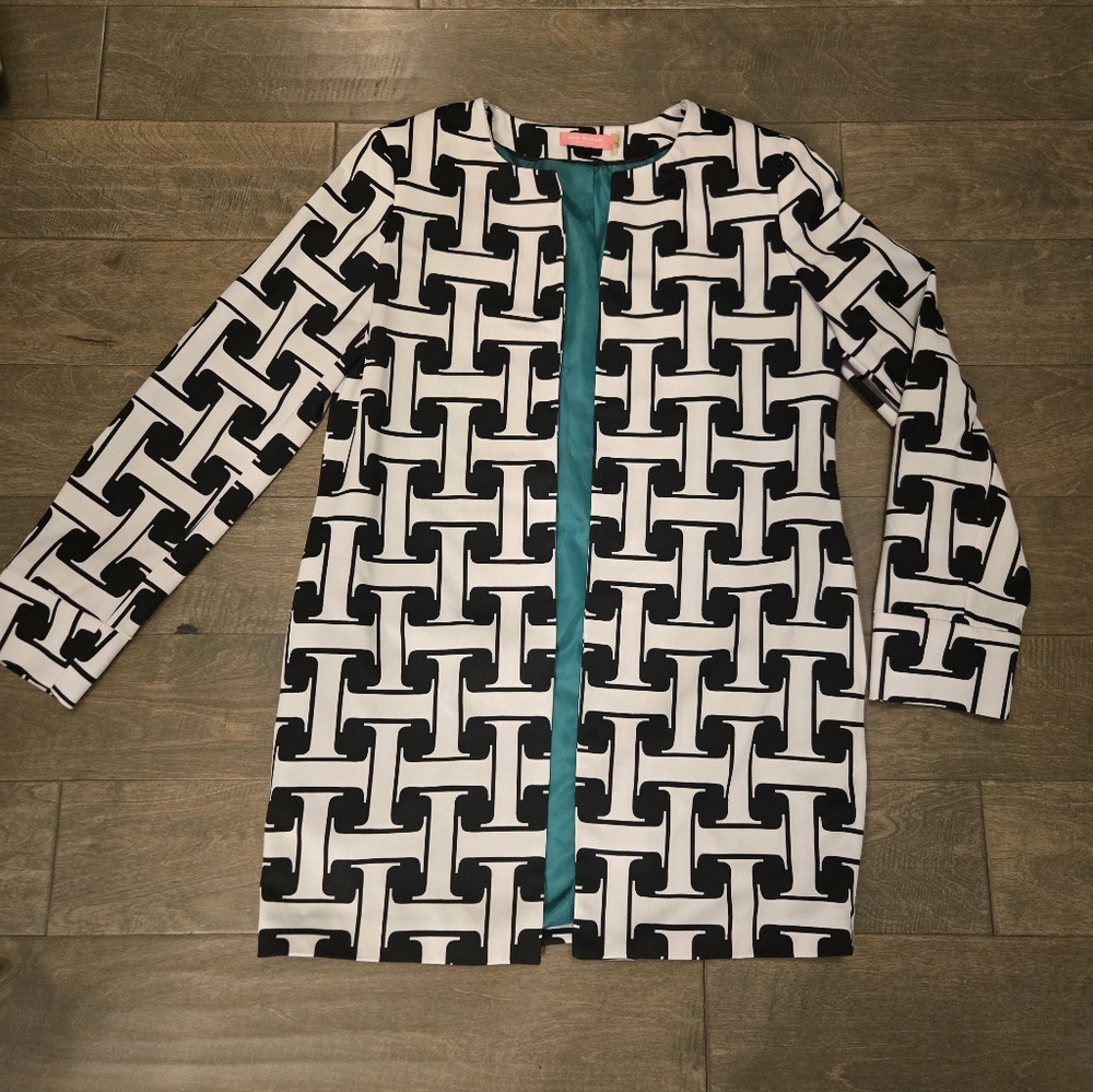 Isaac Mizarahi Black & White Jacket Size 6 Teal Lining, Basket Weave Pattern